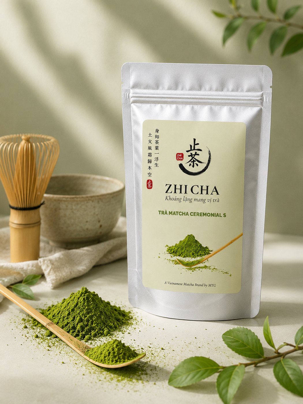 Bột matcha Zhi Cha và thìa tre cạnh túi Trà Matcha Ceremonial S