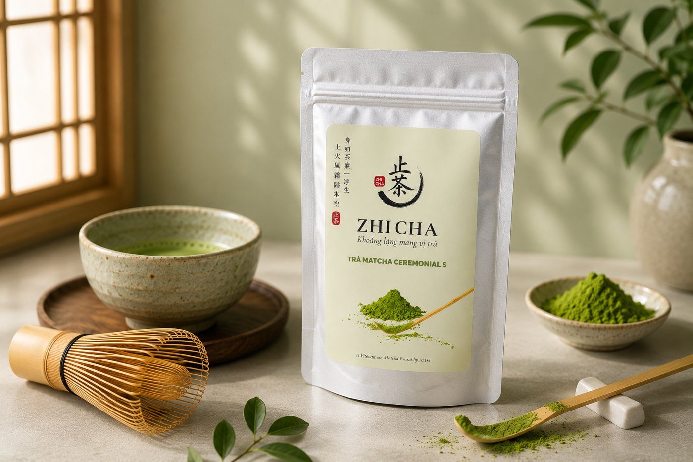 Bát matcha và túi Zhi Cha bên cửa sổ buổi sáng