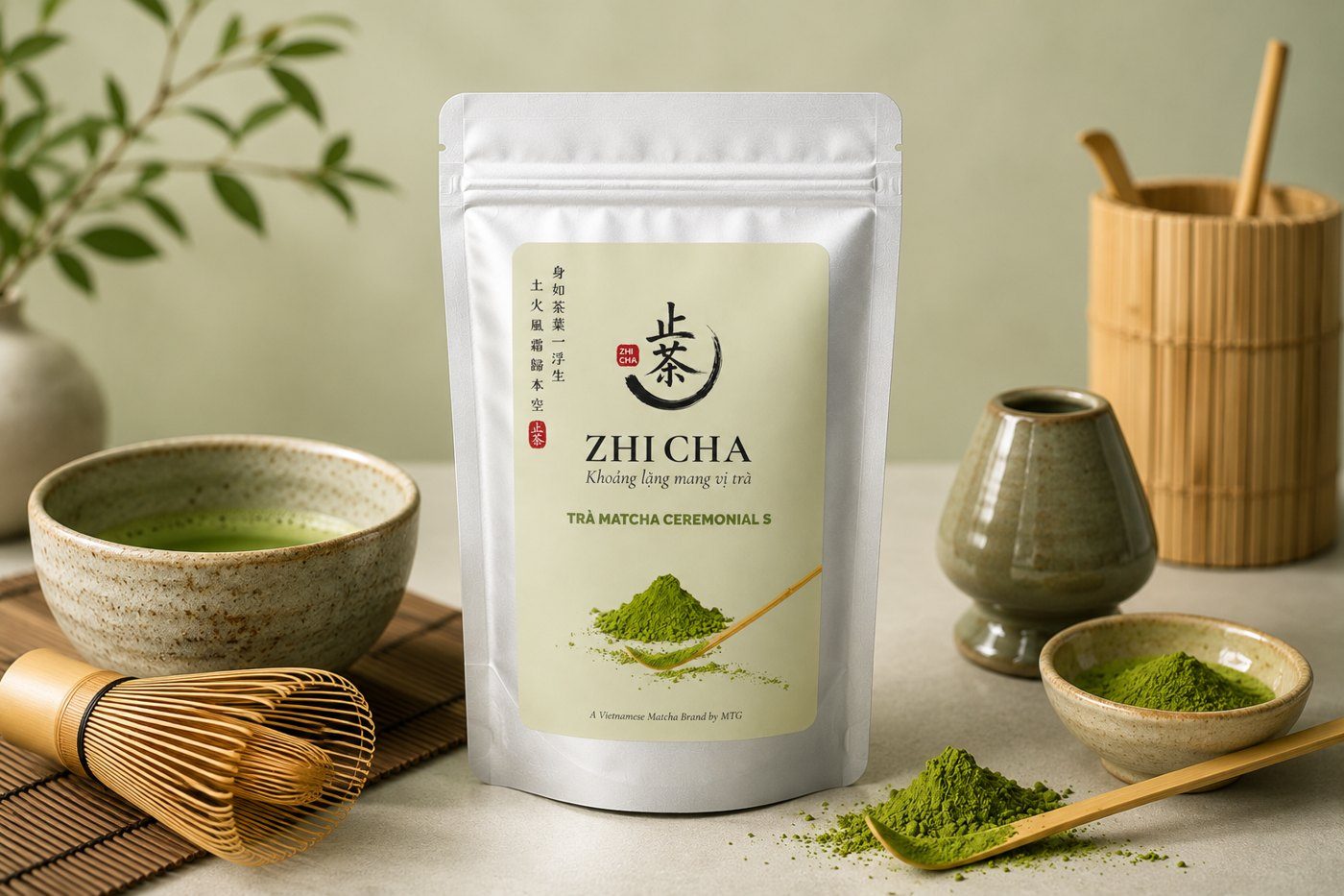 Bộ pha matcha: chasen, bát và túi Zhi Cha S