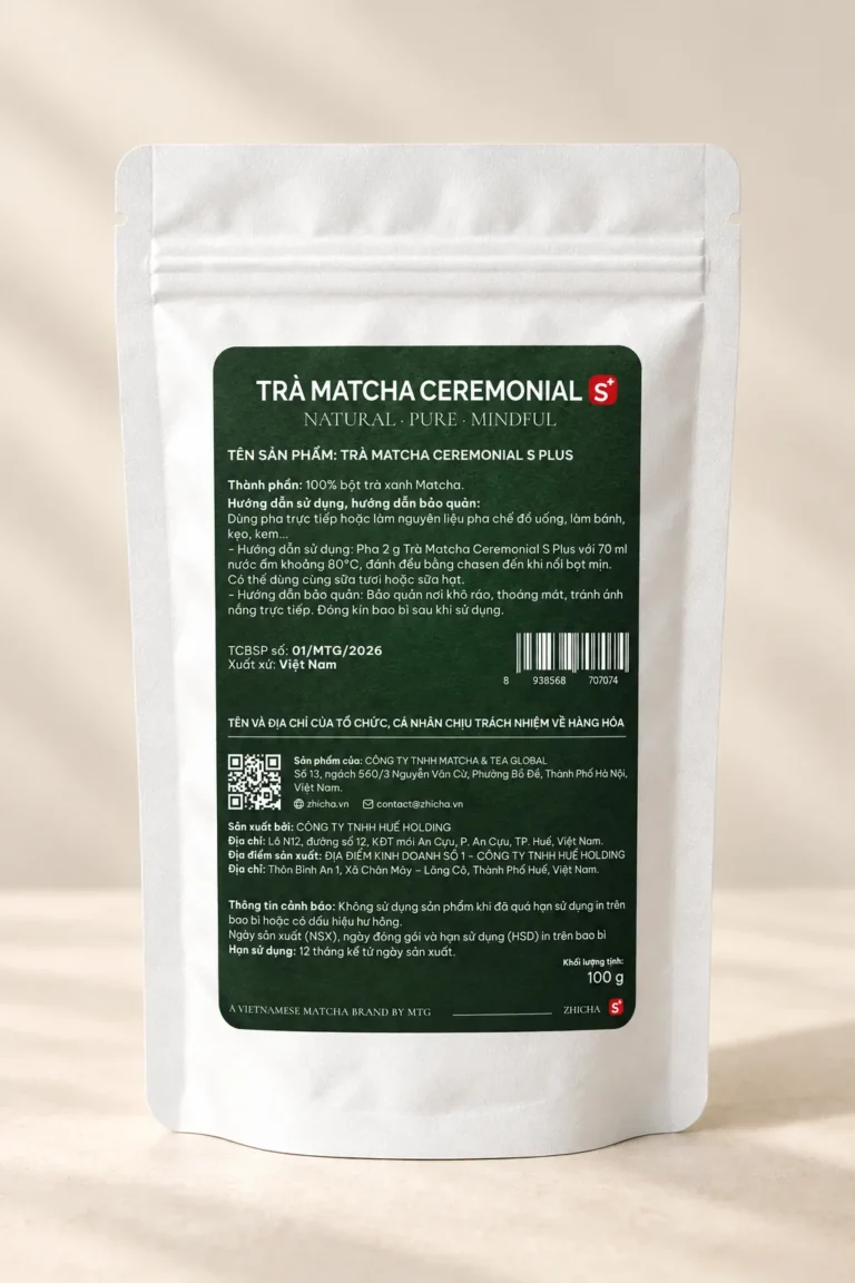Mặt sau túi Trà Matcha Ceremonial S Plus: dùng pha đồ uống, làm bánh, kẹo, kem